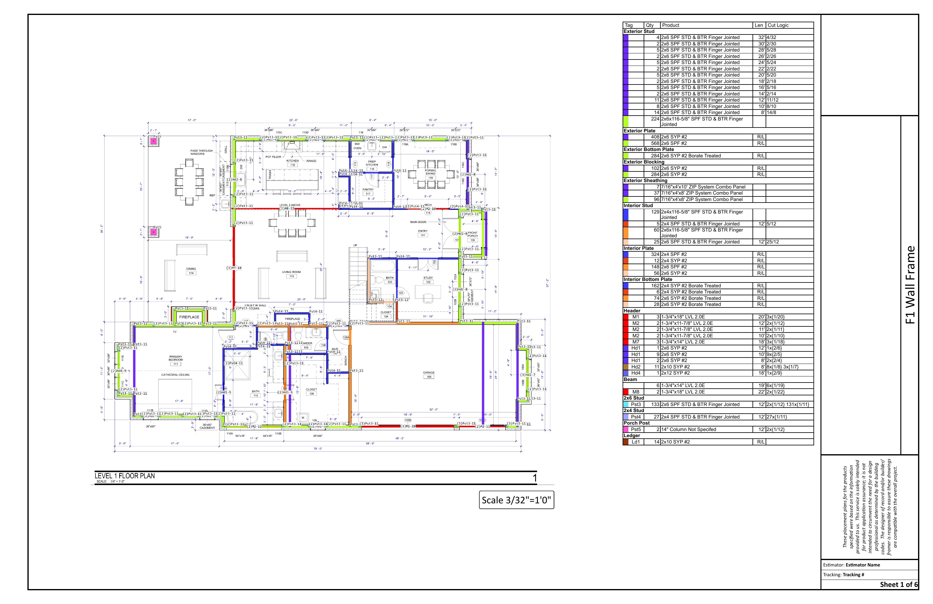 Sample plan-specific framing takeoff with color-coded plan locations and a material schedule